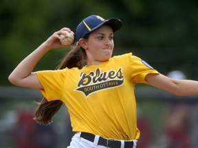 Danika St. Louis pitches during a Majors game in Ottawa Ontario. Danika is a pitcher for the South Ottawa Blues Majors and is the only girl participating in the 2017 Major Provincial Championships in Perth this week.(Tony Caldwell, Postmedia)