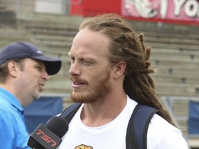 Toronto Argonauts Bear Woods sporting a WWE t-shirt with Randy "Macho Man" Savage on the front of it talking to media in Toronto on July 26, 2017. (Jack Boland/Toronto Sun/Postmedia Network)