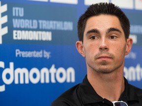 Stefan Daniel (CAN) takes part in an ITU World Triathlon Edmonton press conference in Hawrelak Park, in Edmonton Thursday July 27, 2017.