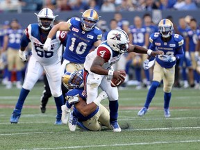 Winnipeg Blue Bombers defensive end Jackson Jeffcoat sacks Montreal Alouettes quarterback Darian Durant on Thursday, July 27, 2017, at Investors Group Field in Winnipeg. (The Canadian Press)