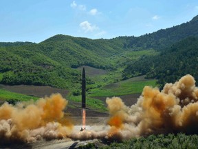 This July 4, 2017 file photo, distributed by the North Korean government shows what was said to be the launch of a Hwasong-14 intercontinental ballistic missile in North Korea. (Korean Central News Agency/Korea News Service via AP, File)