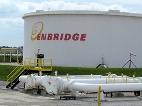 A tank farm at the Enbridge pipelines terminal in Sarnia, Ont., is shown here on Friday July 28, 2017. A recent Fraser Institute study says transporting oil by pipeline is more twice as safe as using rail. 
(Paul Morden/Sarnia Observer)