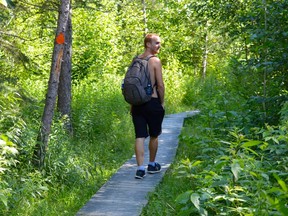 Jules Moore, an Elliot Lake native now residing in Sudbury, strolls along a boardwalk that elevates a portion of the Trans-Canada Trail in the Lake Laurentian Conservation Area. (Jim Moodie/Sudbury Star)