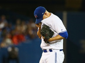 Marco Estrada of the Toronto Blue Jays regroups after an out against the Oakland Athletics during MLB action at the Rogers Centre in Toronto on July 26, 2017. (Dave Abel/Toronto Sun/Postmedia Network)