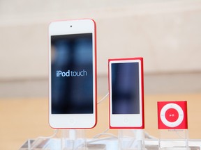From left, an iPod, iPod Nano and iPod Shuffle are displayed at an Apple store in New York. The company discontinued sales of the iPod Nano and iPod Shuffle on Thursday, July 27, 2017, in a move reflecting the waning popularity of the devices in an era when most people store or stream their tunes on smartphones. (AP Photo/Mark Lennihan, File)