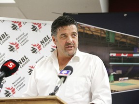 Sudbury Wolves Sports & Entertainment chairman and owner Dario Zulich address the crowd at a press conference in Sudbury, Ont. on Tuesday May 9, 2017. Sudbury Wolves Sports & Entertainment  announced the purchase of a professional basketball franchise.Gino Donato/Sudbury Star/Postmedia Network