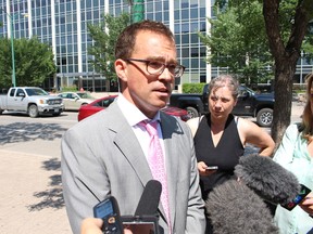 Kevin Toyne, the lawyer who argued in a Winnipeg court on behalf of developer Gem Equities on Wednesday, July 26, 2017, told reporters that there is no legal reason why clear cutting of the Parker lands can't continue while a legal battle and protest over the property carry on. JOYANNE PURSAGA/Winnipeg Sun/Postmedia Network