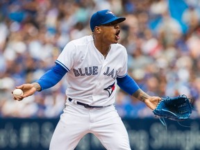 Toronto Blue Jays starting pitcher Marcus Stroman (6) reacts after being ejected from the game against the Oakland Athletics during the fifth inning of their American League game in Toronto on July 27, 2017. (MARK BLINCH/The Canadian Press)