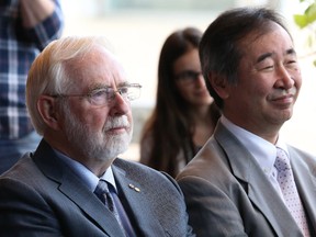 Nobel Prize winners Art McDonald, left, and Takaaki Kajita were on hand for the opening of New Eyes on the Universe, a travelling exhibit at Science North in Sudbury, Ont. on Friday July 28, 2017. John Lappa/Sudbury Star/Postmedia Network