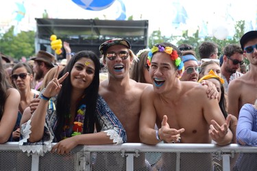 Blue lipstick and big smiles before The Naked and Famous took the stage at Wayhome Music & Arts Festival, Friday, July 28, 2017. Patrick Bales/Postmedia Network