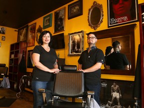 Mylene Thibeault and Brad Gloster of Hemlock Barbers at 976 Lasalle Blvd. in Sudbury, Ont. John Lappa/Sudbury Star/Postmedia Network