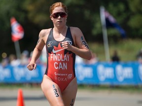 Paula Findlay of Edmonton in the Elite Women race in Hawrelak Park in the ITU Triathlon on July 29, 2017.