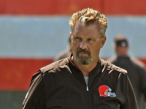Cleveland Browns defensive coordinator Gregg Williams at the team's first padded practice of 2017. (John Kryk/Toronto Sun/Postmedia Network)