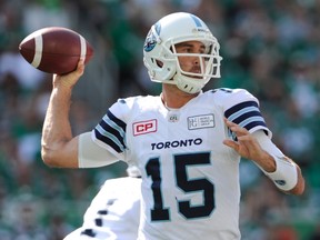 Toronto Argonauts quarterback Ricky Ray (15) looks for a receiver during first half CFL football action against the Saskatchewan Roughriders in Regina on Saturday, July 29, 2017. (THE CANADIAN PRESS/Mark Taylor)