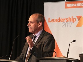 Candidate Guy Caron makes a point at the federal NDP leadership race debate in Sudbury, Ont. on Sunday May 28, 2017. Gino Donato/Sudbury Star/Postmedia Network