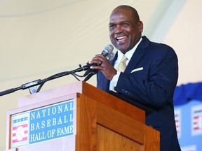 Tim Raines gives his induction speech at Clark Sports Center during the Baseball Hall of Fame induction ceremony on July 30, 2017 in Cooperstown, New York. (Mike Stobe/Getty Images)