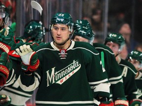 Minnesota Wild’s Nino Niederreiter is congratulated by the bench after he scored against the St. Louis Blues Sunday, Dec. 11, 2016, in St. Paul, Minn. (AP Photo/Andy Clayton-King)