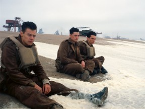 This image released by Warner Bros. Pictures shows Harry Styles, from left, Aneurin Barnard and Fionn Whitehead in a scene from "Dunkirk." (Warner Bros Pictures via AP)