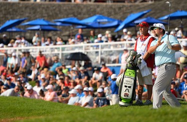 OAKVILLE, ON - JULY 30:  Andres Gonzales of the United States plays his shot on the 18th hole during the final round of the RBC Canadian Open at Glen Abbey Golf Club on July 30, 2017 in Oakville, Canada.  (Photo by Minas Panagiotakis/Getty Images)