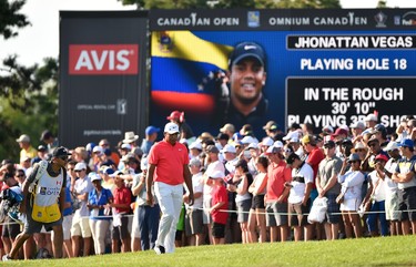 OAKVILLE, ON - JULY 30:  Jhonattan Vegas of Venezuela walks up the 18th fairway during a sudden death playoff during the final round of the RBC Canadian Open at Glen Abbey Golf Club on July 30, 2017 in Oakville, Canada.  (Photo by Minas Panagiotakis/Getty Images)