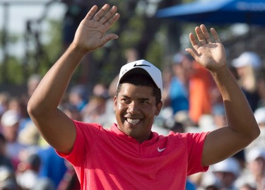 Jhonattan Vegas celebrates his win at the final round of the 2017 Canadian Open at the Glen Abbey Golf Club in Oakville, Ont., on Sunday, July 30, 2017. THE CANADIAN PRESS/Frank Gunn ORG XMIT: FNG111