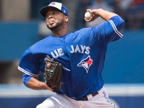 Toronto Blue Jays starting pitcher Francisco Liriano throws against the Los Angeles Angels during the first inning of their AL baseball game in Toronto on Saturday, July 29, 2017. (THE CANADIAN PRESS/Fred Thornhill)