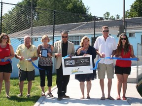 Pictured (left to right): Clinton Community Pool lifeguard Jessie Leeming, Central Huron Facilities Manager Steve Campbell, Diane Foxton of Huron-Bruce MPP Lisa Thompson’s office, Central Huron Mayor Jim Ginn, Huron-Bruce MPP Lisa Thompson, Matt Langendoen of Langendoen Custom Building Inc., and lifeguard Laura Leeming.