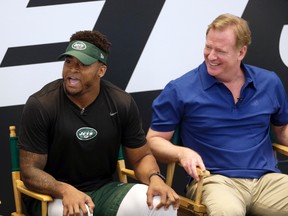 New York Jets' Jamal Adams, left, and NFL commissioner Roger Goodell take questions from fans as part a of fan forum during a NFL football training camp in Florham Park, N.J., on July 31, 2017. (AP Photo/Seth Wenig)