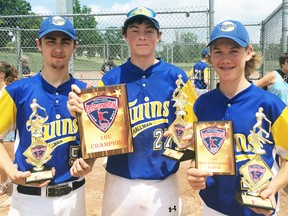 Dana Smith (left), Derek Erb and Colton Quipp, all raised in the Elma fastball system, helped lead the Kitchener-Waterloo Twins to the championship of the U16 division of the ISC Developmental tournament in Michigan July 21-23. SUBMITTED