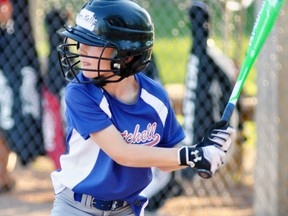 Ben Kelly of the Mitchell Major Rookie (Brown) baseball team sticks his tongue out prior to a swing during recent league action. The Major Rookies will host the WOBA championship tournament this weekend, Aug. 4-6. ANDY BADER/MITCHELL ADVOCATE