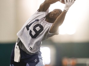 Toronto Argonauts' S.J. Green snags a wayward throw at the walk-through practice at Downsview Park in Toronto on July 27, 2017. (Jack Boland/Toronto Sun/Postmedia Network)