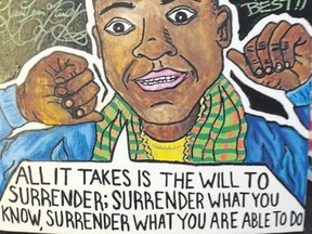 Alex Leonard?s painting of Montreal-based DJ Lunice, done in acrylic, paint marker and sharpie, is one of his larger pieces, featuring a quote from one of Leonard?s interviews with Lunice and the DJ?s signature.