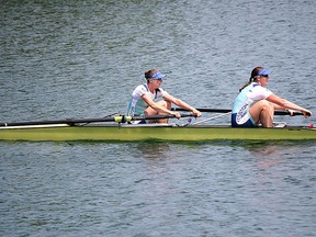 Rowers of the Kingston Rowing Club Cassidy Deane and Jenna Adams placed first in the U-23 Women’s 2 category this weekend at the 49th annual Row Ontario Championships Regatta. (Megan Glover/The Whig-Standard)