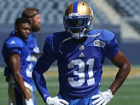 Defensive back Maurice Leggett was back in action during Winnipeg Blue Bombers practice at Investors Group Field in Winnipeg on July 31, 2017. (Kevin King/Winnipeg Sun/Postmedia Network)