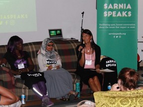 Sarnia Speaks panellists Terri Lynn Sullivan, Aruba Mahmud and Jill Joseph speak about diversity, discrimination and racism at The Story on July 26.
CARL HNATYSHYN/SARNIA THIS WEEK