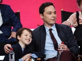 Iain Armitage, left, a cast member in the CBS series "Young Sheldon," and executive producer/narrator Jim Parsons take part in a panel discussion during the 2017 Television Critics Association Summer Press Tour on Tuesday, August 1, 2017, in Beverly Hills, Calif. (Photo by Chris Pizzello/Invision/AP)