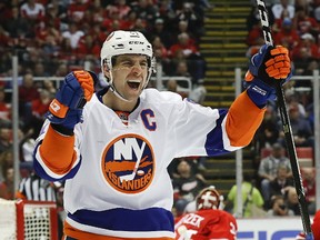 New York Islanders centre John Tavares celebrates his goal against the Detroit Red Wings in the third period of an NHL game on Feb. 21, 2017. (AP Photo/Paul Sancya)