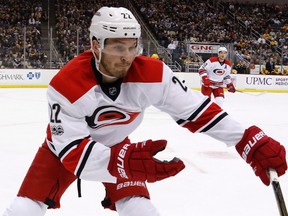 Carolina Hurricanes' Brett Pesce (22) skates during an NHL hockey game against the Pittsburgh Penguins in Pittsburgh, Sunday, April 2, 2017.The Carolina Hurricanes and defenceman Pesce have agreed to a six-year contract extension. (THE CANADIAN PRESS/AP/Gene J. Puskar)