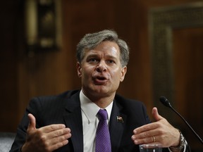 In this July 12, 2017 file photo, FBI Director nominee Christopher Wray testifies on Capitol Hill in Washington at his confirmation hearing before the Senate Judiciary Committee. The Senate is slated to vote Tuesday, Aug. 1, 2017, evening on the nomination of Wray. The former Justice Department official won unanimous support from the Judiciary Committee last month, with Republicans and Democrats praising his promise never to let politics get in the way of the bureau’s mission. (AP Photo/Pablo Martinez Monsivais)