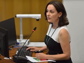Dr. Gayane Hovhannisyan, associate medical officer of health for the Middlesex-London Health Unit, makes a presentation about opioid drug abuse to London city council committee on Tuesday, August 1, 2017. (MORRIS LAMONT, The London Free Press)