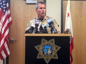 Yuba County Sheriff Steven Durfor speaks to the media after a shooting in Marysville, Calif., Tuesday, Aug. 1, 2017. Two California sheriff's deputies were shot and wounded Tuesday after they responded to reports of an armed and agitated man pulling up plants in the garden of a rural Rastafarian church, authorities said. (AP Photo/Sophia Bollag)