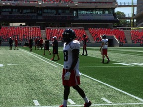 Quincy McDuffie watches from the sidelines during his first game practice after signing with the Redblacks on Aug 1, 2017. (Gord Holder/Postmedia)