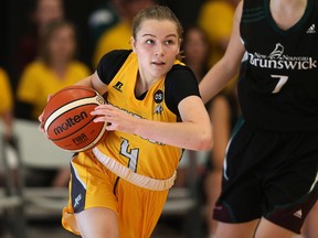 Manitoba guard Anna Kernaghan drives the ball during Canada Summer Games basketball action against New Brunswick at the Sport For Life Centre in Winnipeg on Aug. 1, 2017. (Kevin King/Winnipeg Sun/Postmedia Network)