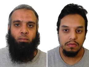 A composite of four undated images issued Wednesday Aug.2, 2017, by Britain's West-Midlands Police, showing left to right: Tahir Aziz, Naweed Ali, Mohibur Rahman and Khobaib Hussain who have been found guilty of preparing terrorist acts, following a partly-secret trial at the Old Bailey in London on Wednesday, Aug. 2, 2017. (West Midlands Police via AP)
