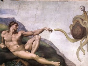 This adaptation of Michelangelo's The Creation of Adam depicts the Flying Spaghetti Monster in its typical guise as a clump of tangled spaghetti with two eyestalks, two meatballs, and many "noodly appendages". (Niklas Jansson/Venganza.org)