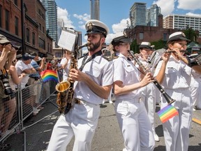 Members of the Royal Canadian Navy Band play music during Pride Day in Toronto on July 3, 2016. (Master Corporal Precious Carandang, 4th Canadian Division Public Affairs)
