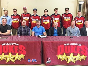 Wellington Dukes brass and some players who'll dress for the Jr. A hockey team next season at a Wednesday press conference at Essroc Arena. In front from left: Randy Uens, VP hockey ops; Ryan Woodward, GM and associate coach; Scott McCrory, head coach; Don Cotton, director of scouting; Tim Humberstone, director; and Michael Mulvihill, owner. In the back: Kyle Hawkins Shulz, assistant coach; Colin Doyle, team captain; Keegan Ferguson; Rory Milne; Daniel Panetta; Zach Uens; Nate Boomhower; and Dawson Ellis. (Bruce Bell/The Intelligencer)