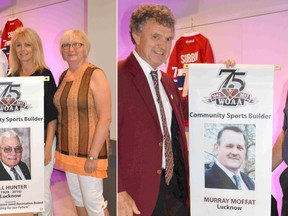 The Western Ontario Athletic Association (WOAA) honoured two local volunteers for their contributions to hockey in the Lucknow area.
Photo left: Garry Gravett, co-chair of the Western Ontario Athletic Association’s 75th anniversary events, presented the Bill Hunter community sports builder banner to Bill’s daughters, Judy Sanderson (centre) and Betty Anne Stapleton, both of Lucknow.
Photo right: Murray Moffat (right), of Lucknow, was one of the community sports builders recognized during the Western Ontario Athletic Association’s 75th anniversary celebrations. Allan Dickson, current WOAA president and co-chair of the event, presented the banner to Moffat.