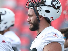 Ottawa Redblacks’ Jason Lauzon-Seguin admits he's still learning on the job and got schooled by Argonauts’ defensive lineman Shawn Lemon in their last game. (Jean Levac/Postmedia Network)