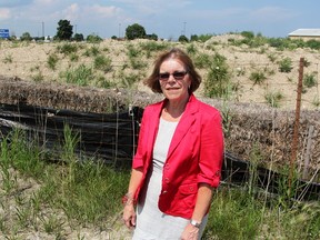 Sarnia City Coun. Anne Marie Gillis stands south of dredged riverbed sediment transported to the Sarnia Chris Hadfield Airport several months ago. She's critical of the companies behind the project for the delay its taken to clean up the site, and its appearance. (Tyler Kula/Sarnia Observer)